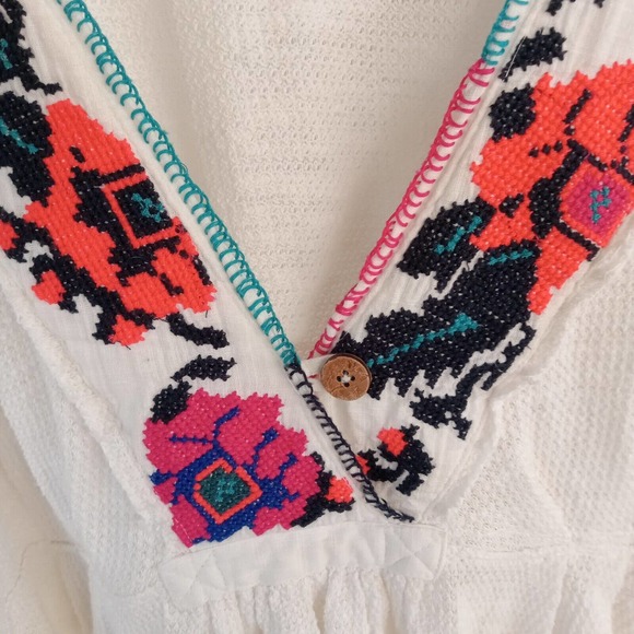 Free People Aztec White Embroidered Tunic Top Boho Hippie Waffle Thermal Large - Picture 12 of 15
